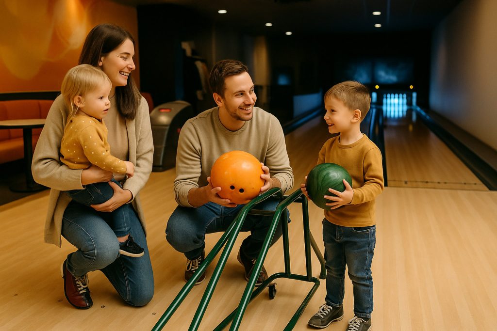 Barnfamilj på bowlinghall där tillgänglighet och barnvänliga detaljer skapar en positiv upplevelse